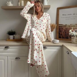Women’s Ribbed Three Piece Robe Set Viscose Pajamas Set with Cherry Print Decoration Pijamas Woman 3 Pes pjs for women winter