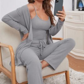 In Stock Women Waffle Knitted sleeveless Top Pants Robe Pajamas Three Piece Set Loungewear Set pijamas woman 3 pes Robe Set