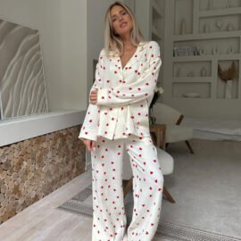 Women’s Cotton Pajamas New Long Sleeve Lapel Sleepwear With Pocket Love Print Comfortable Two-piece Pajamas Set