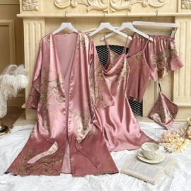 High End Luxury Women’s Sleepwear 5 Pieces Pajama Set Silky Robes Nightgown Satin Floral Print Women’s Robe Sets Sleepwear